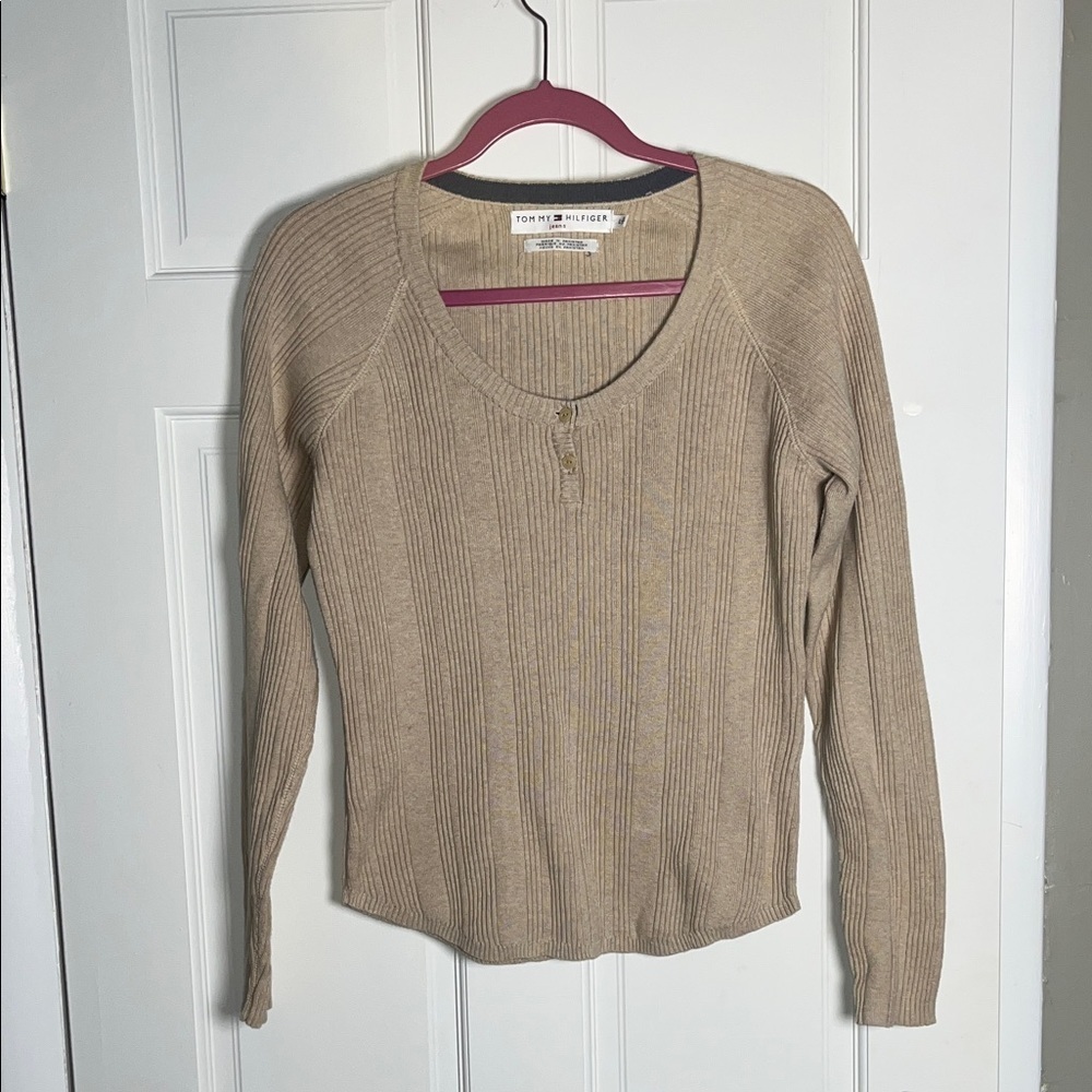 Tommy Hilfiger Beige Ribbed Knit Henley Top Large
